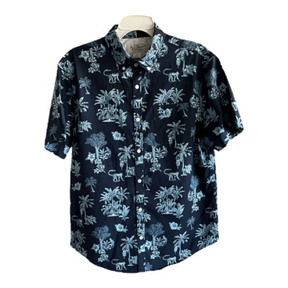 Original Penguin Dark Blue Hawaiian Jungle Print Men's Shirt size (Large)